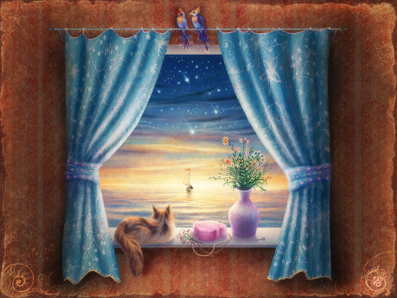 Cat watching sunset by window