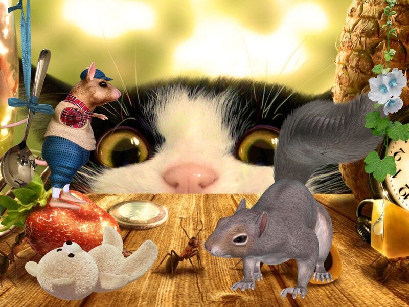 Cat with Animals on Table
