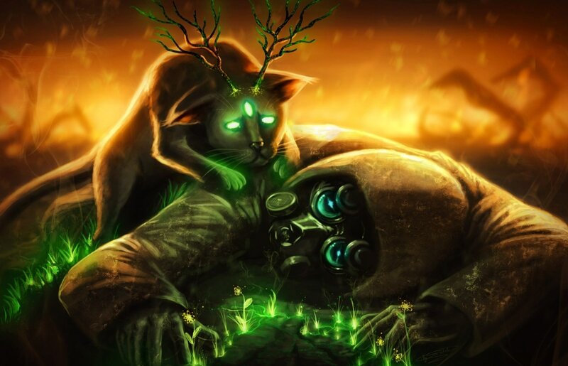 Cat with Antlers and Glowing Eyes — Green