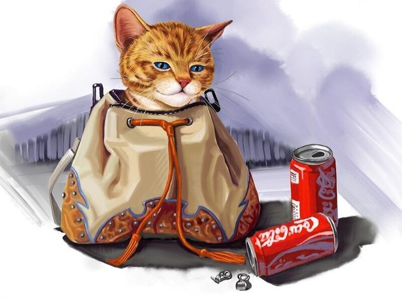 cat with backpack and soda cans