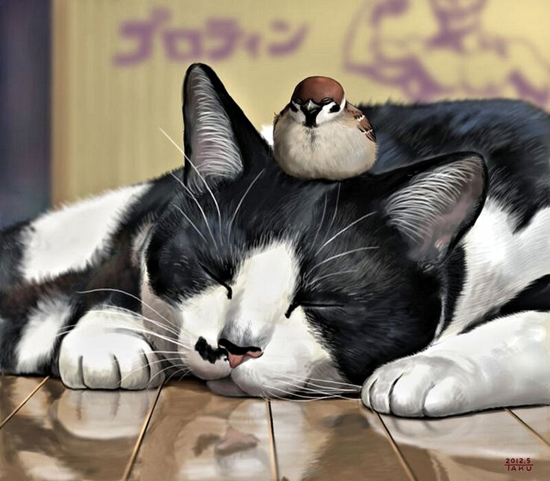 Cat with Bird on Back — Black