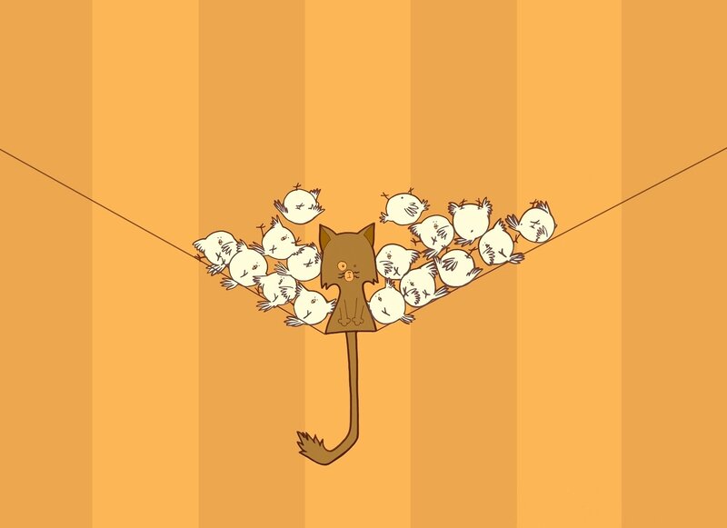 Cat with birds on a wire