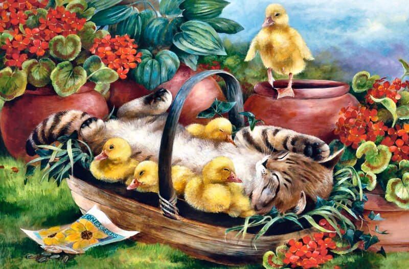 Cat with Ducklings — Yellow