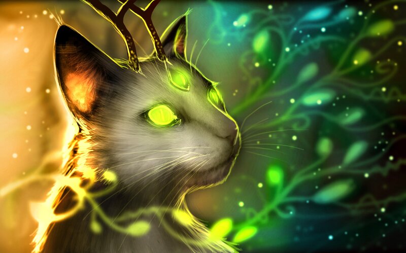 cat with glowing eyes and antlers