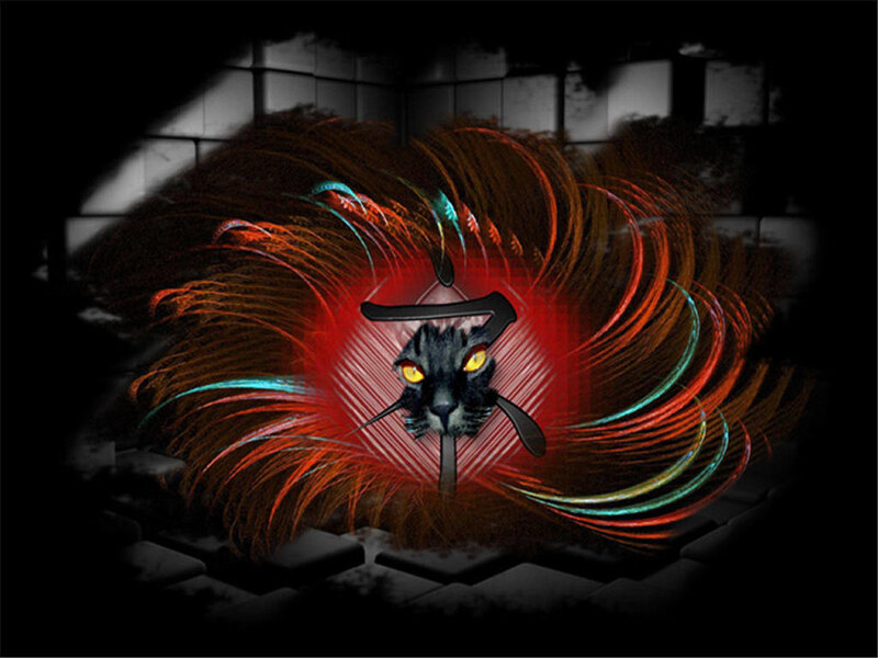 cat with glowing eyes and energy swirls