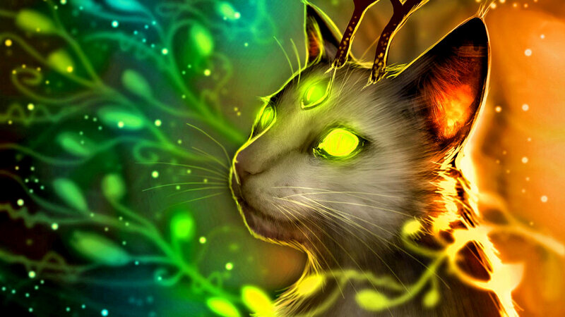 Cat with Glowing Eyes — Green, Dramatic, Digital Art