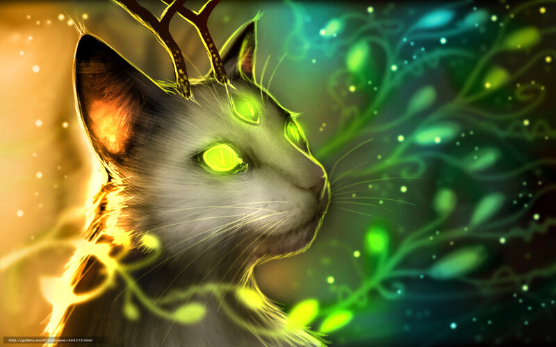 Cat with Glowing Eyes — Green, Mystical, Digital Art, Antlers