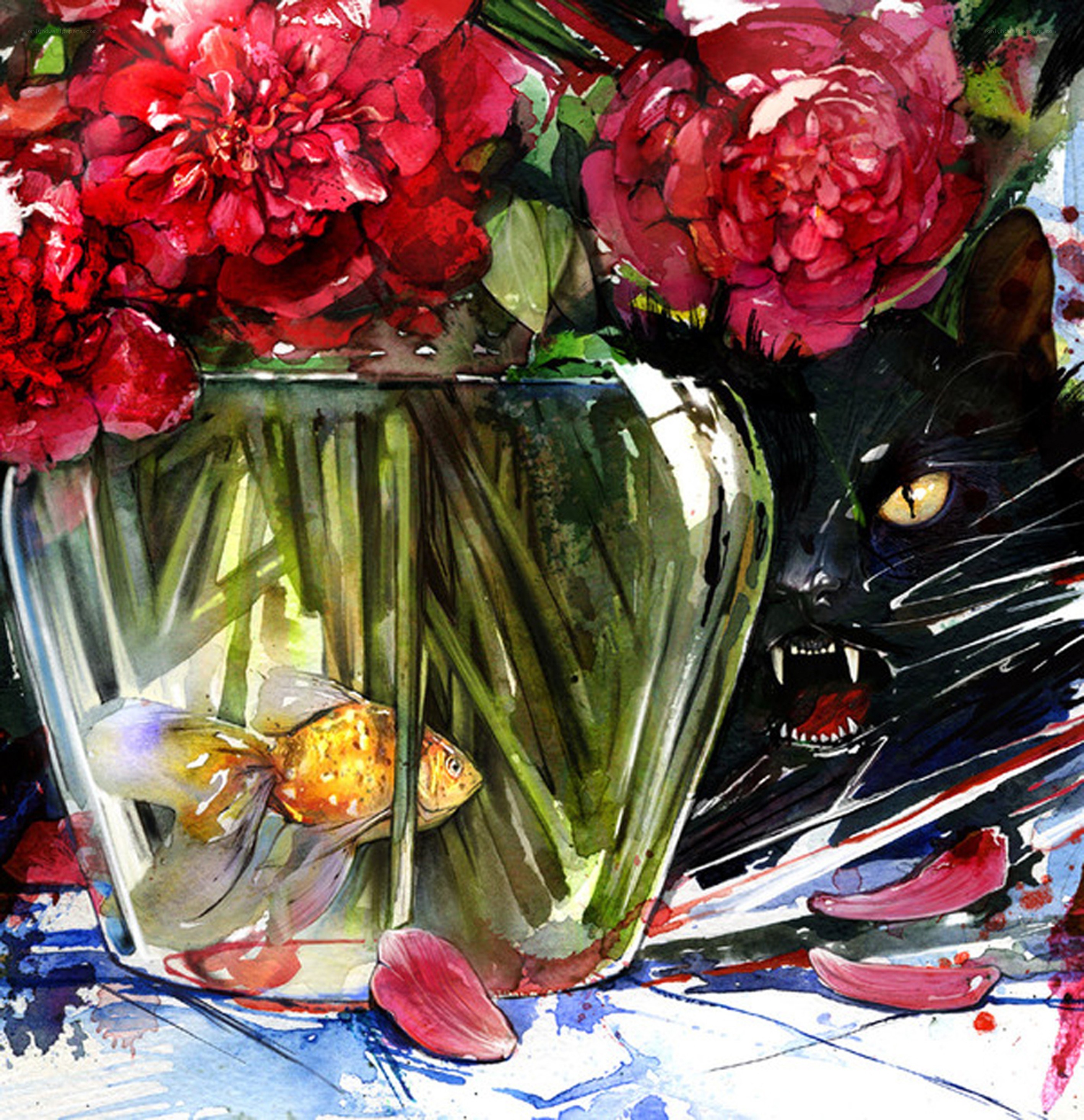 cat with goldfish in vase