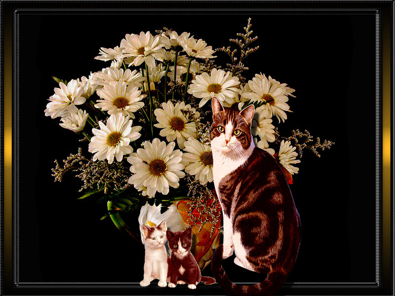 Cat with Kittens and Flowers