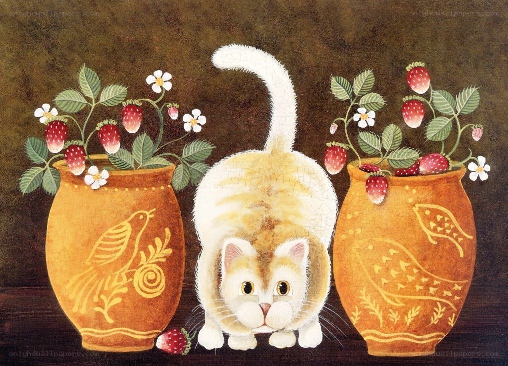 Cat with strawberry plants