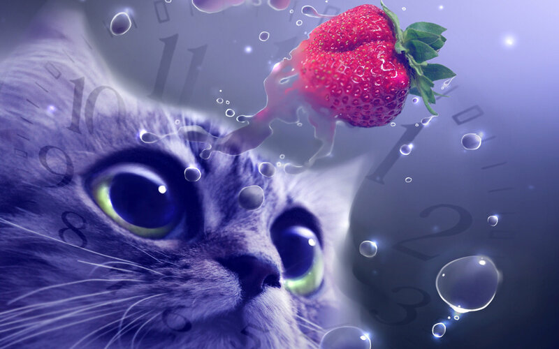 Cat with Strawberry — Purple, Dreamy, Digital Art