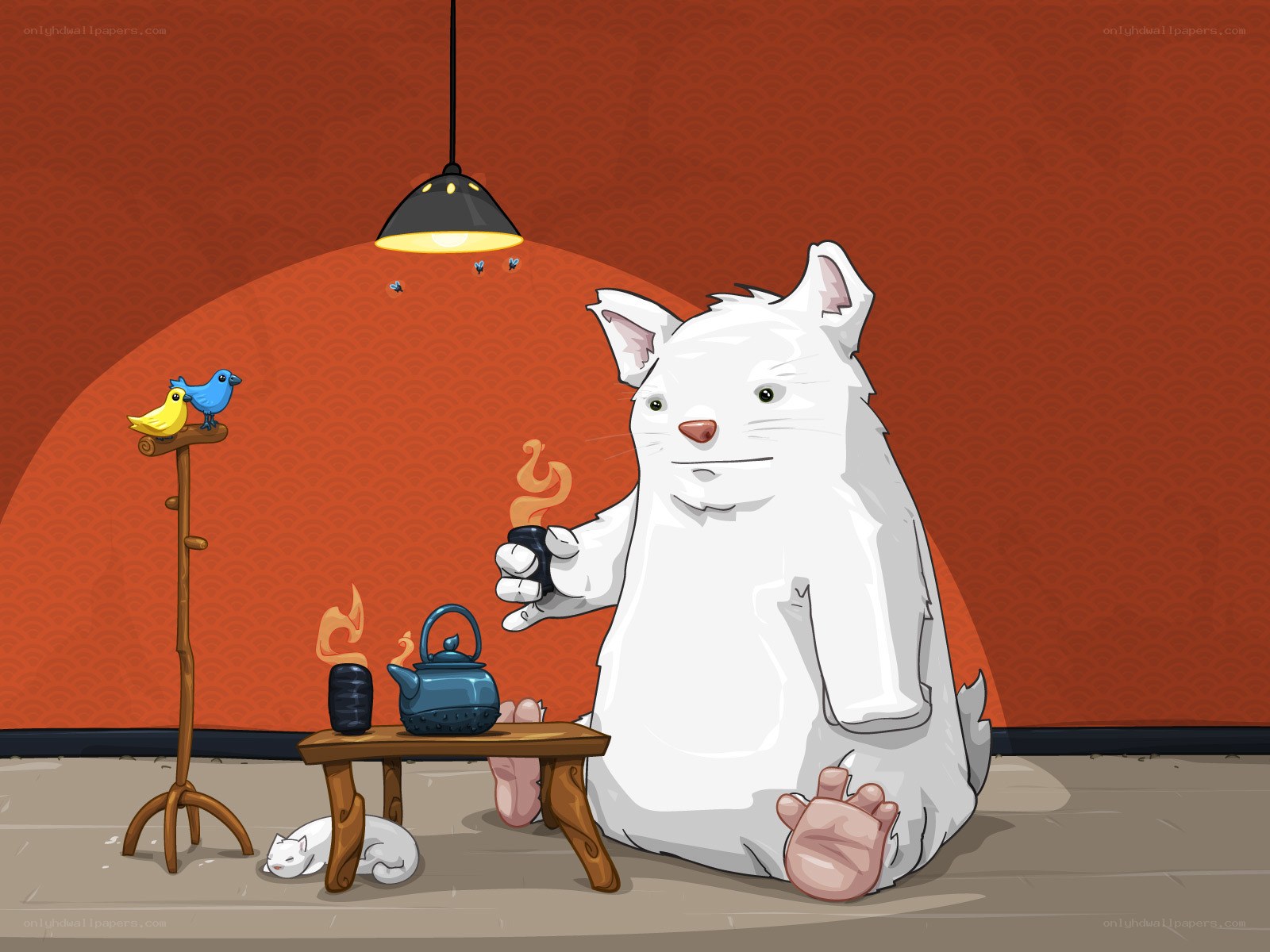Cat with tea and birds