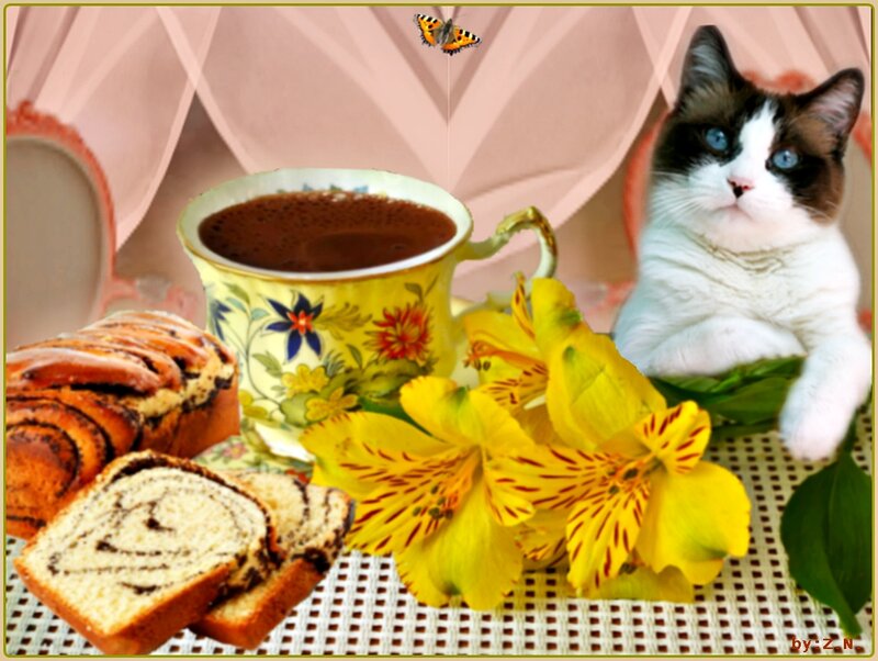 Cat with Tea and Flowers — Yellow