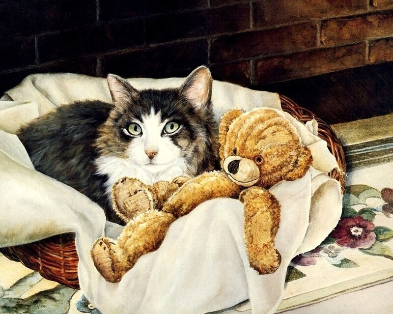 Cat with Teddy Bear — Brown, Calm
