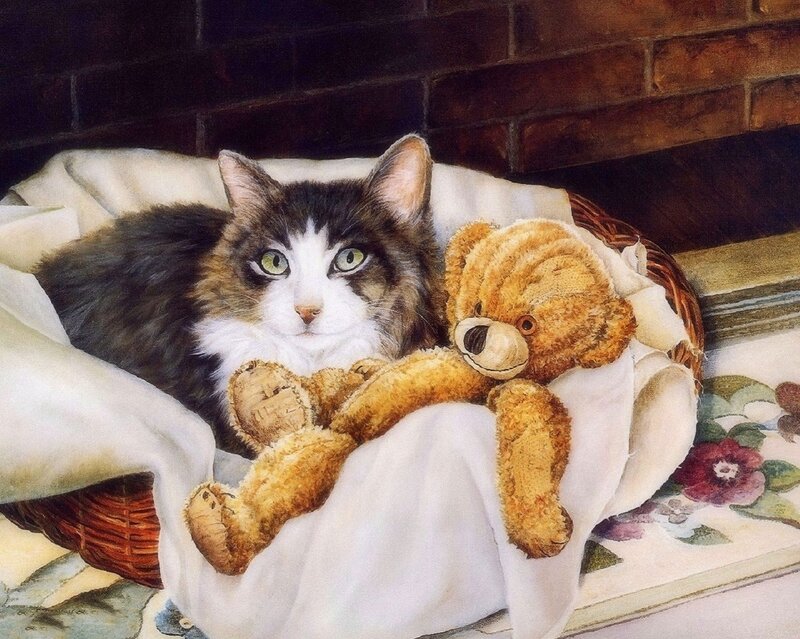 Cat with Teddy Bear — Brown