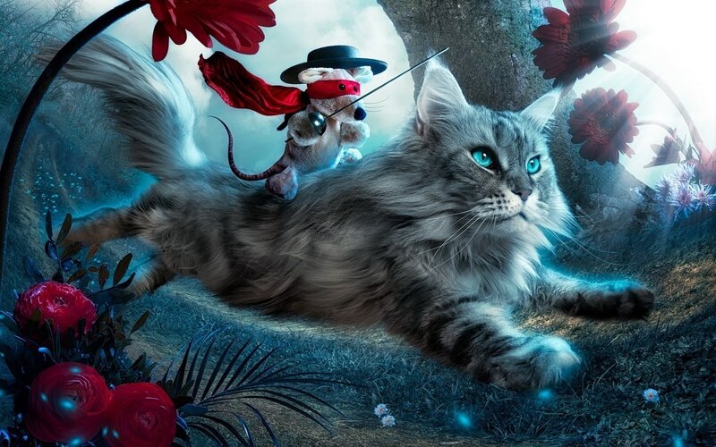 Cat with Toy Mouse — Blue