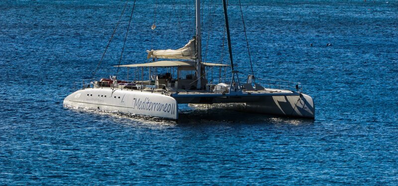 Catamaran on blue water
