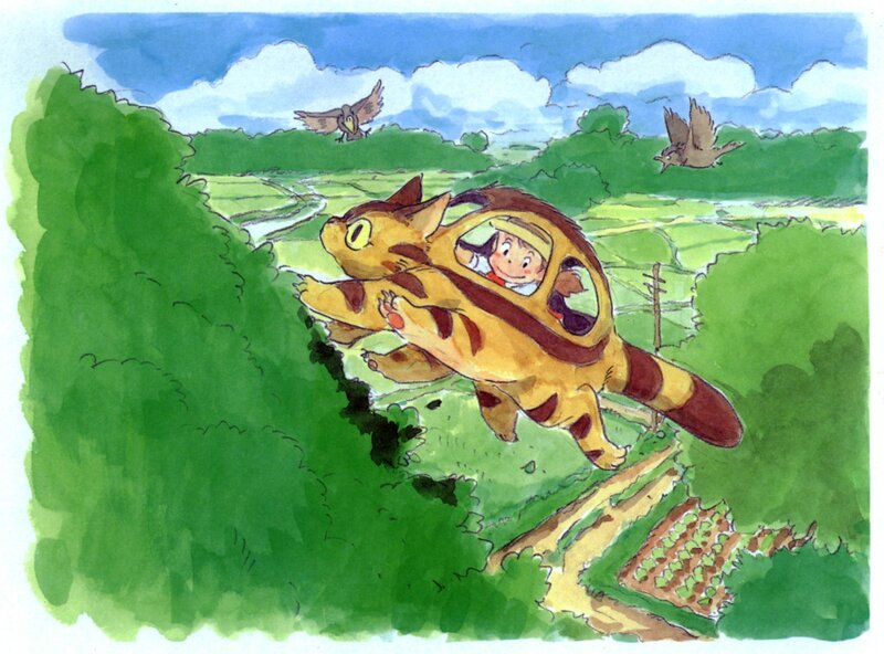 Catbus flying over fields