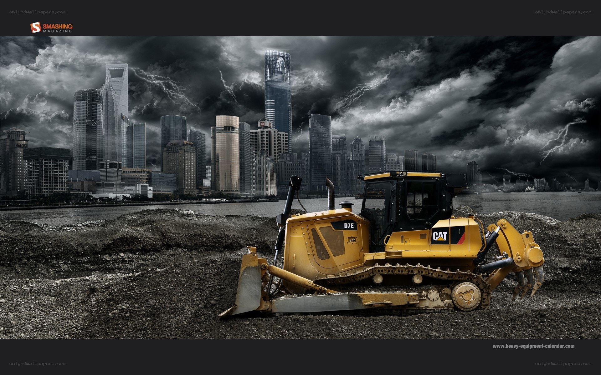 Caterpillar D7E bulldozer in storm