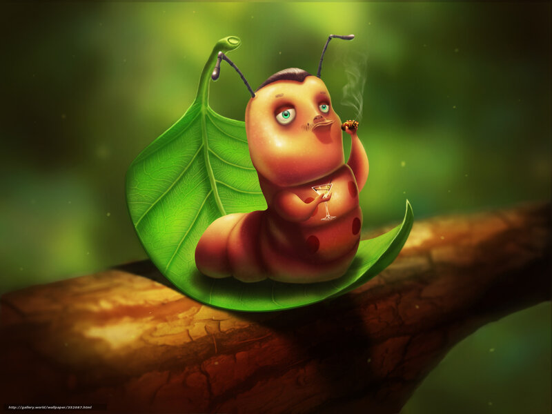 caterpillar with cigar and drink