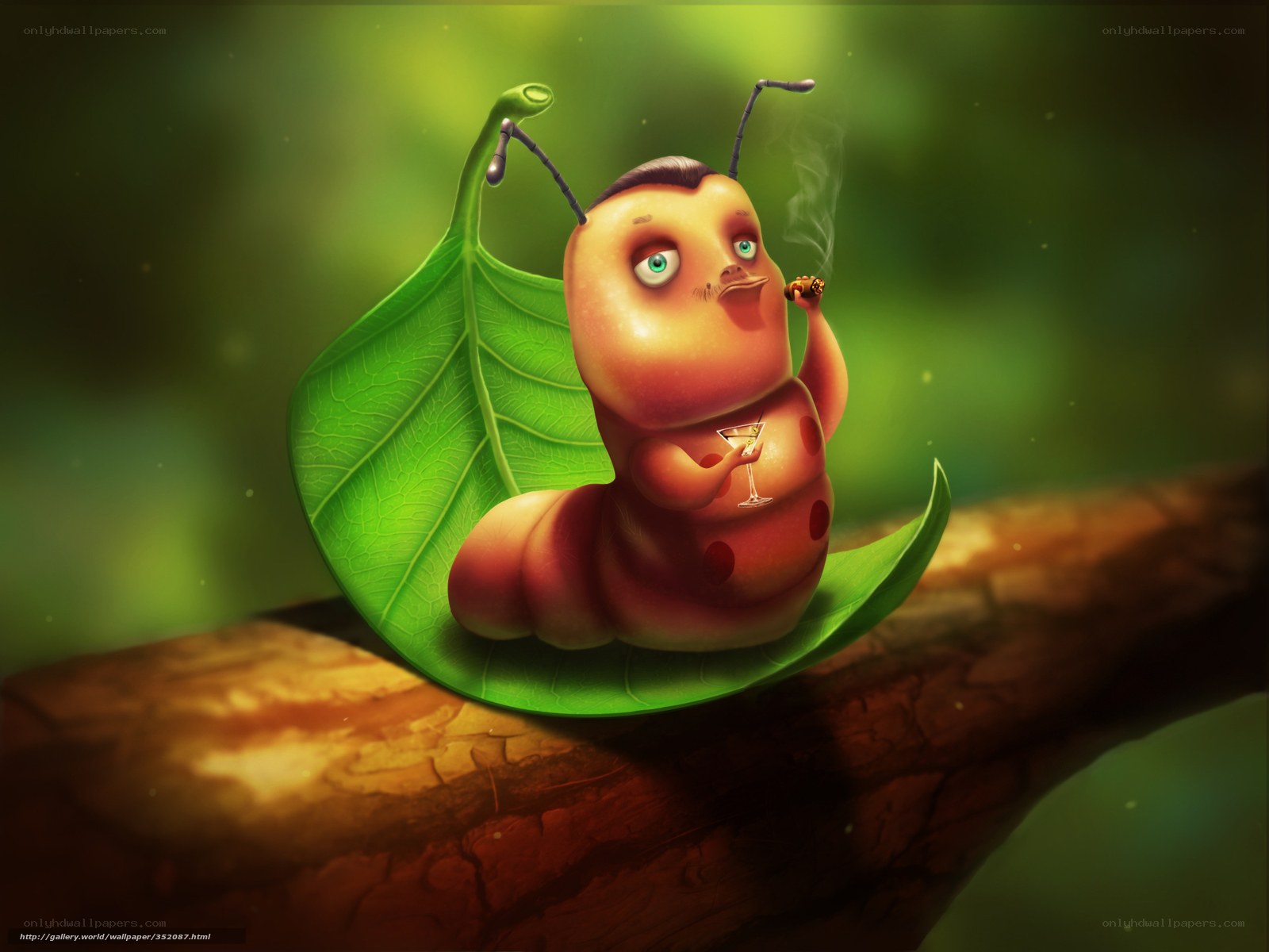 caterpillar with cigar and drink