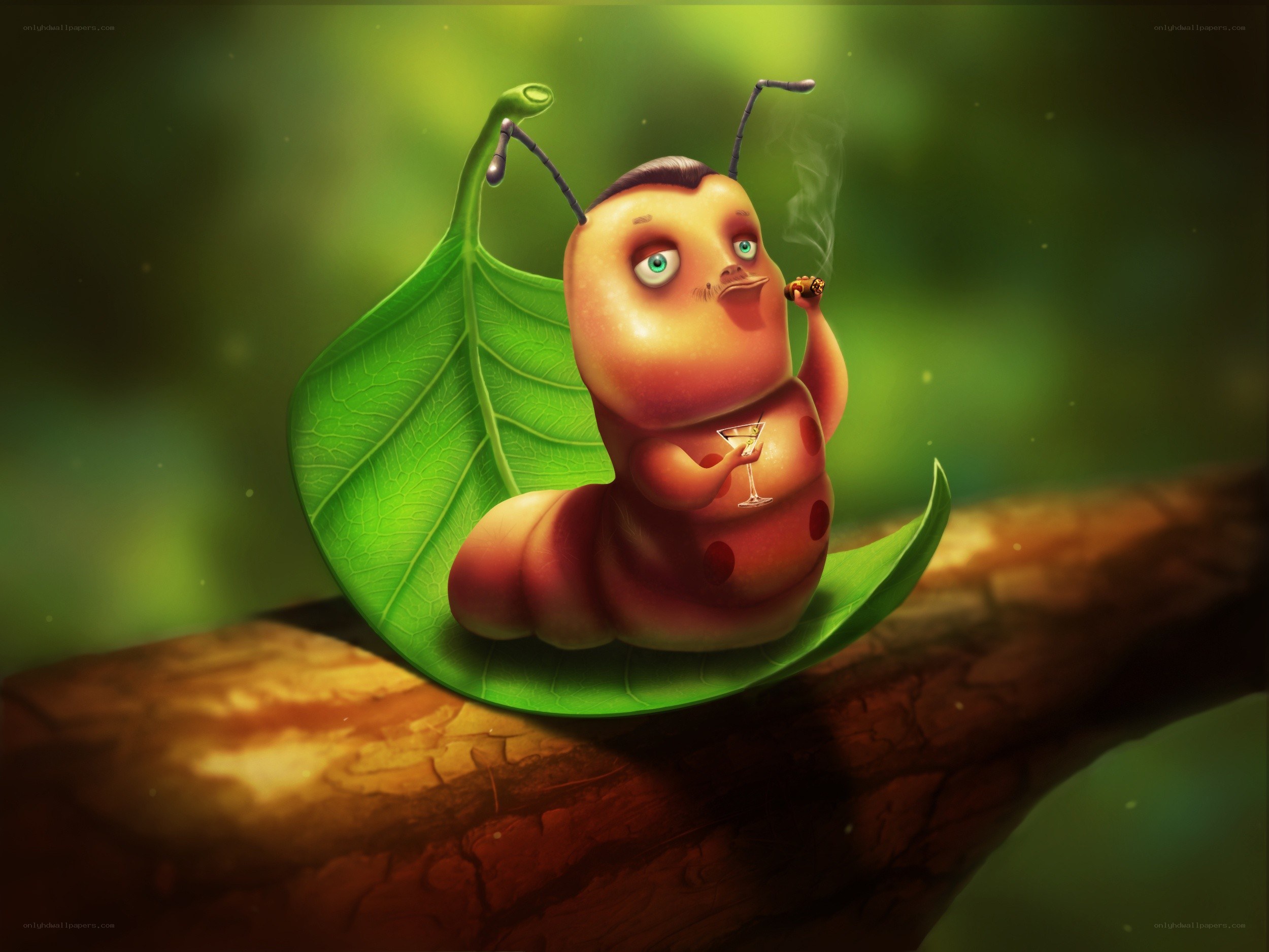 caterpillar with cocktail and cigarette