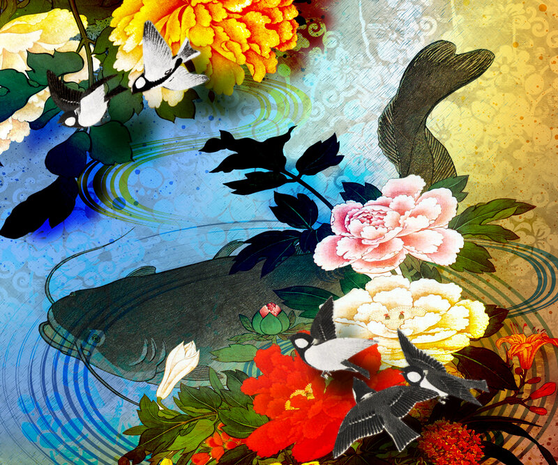 Catfish and Birds Among Flowers