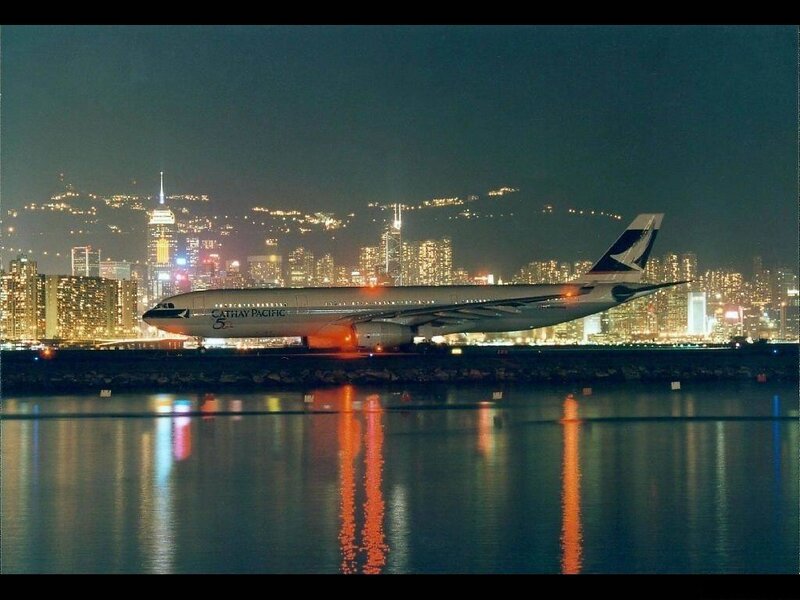 Cathay Pacific plane at night