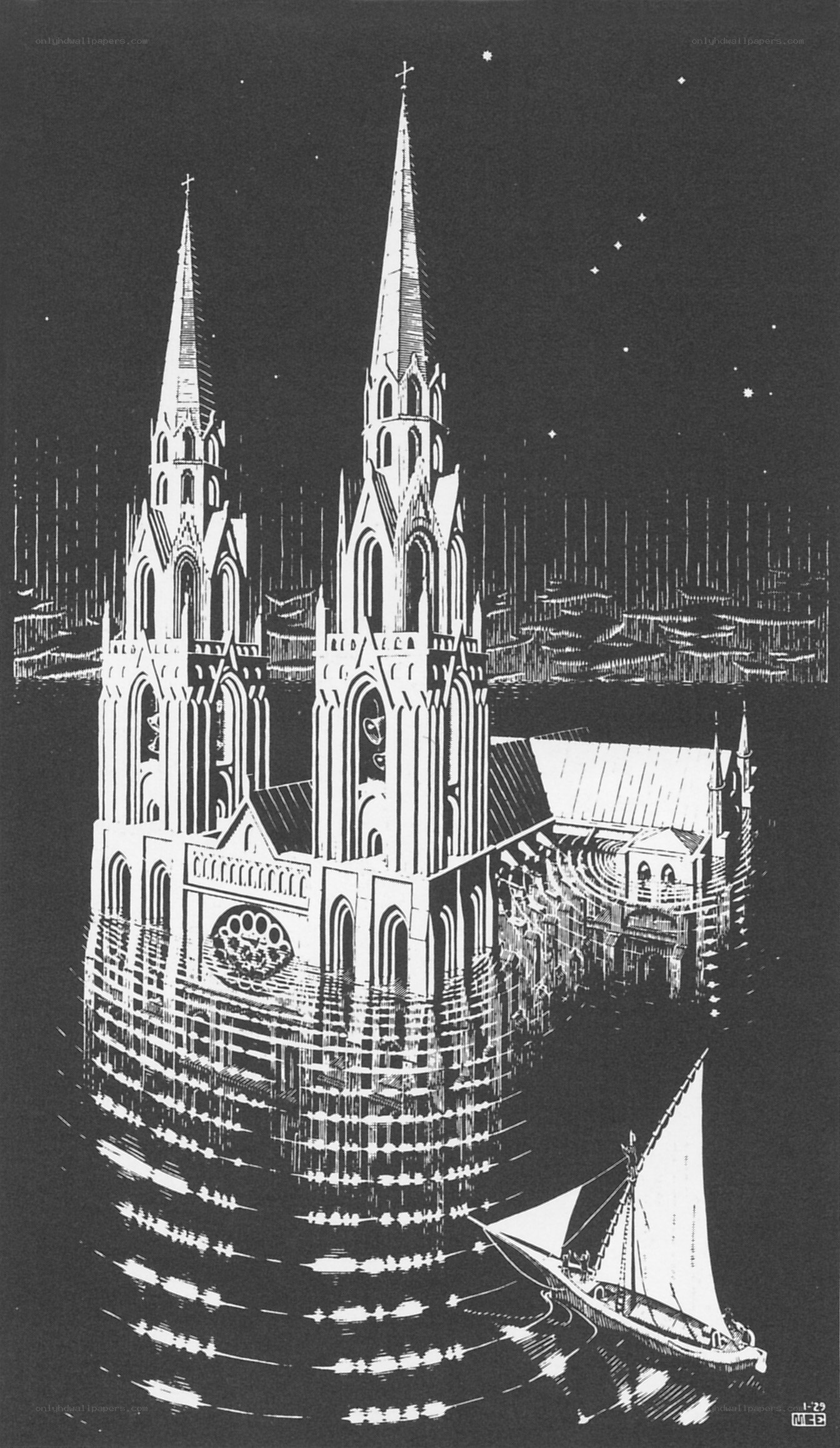 Cathedral at night with boat