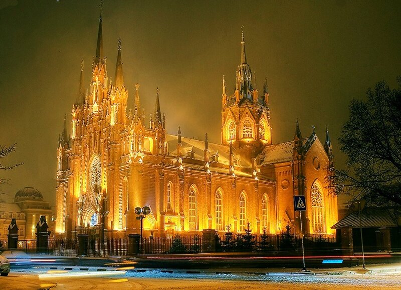 Cathedral at night with light trails