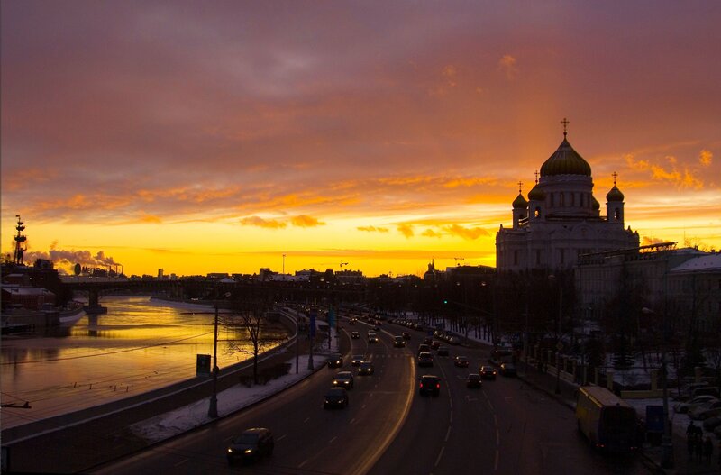 Cathedral at Sunset — Orange, Dramatic, Photograph, River
