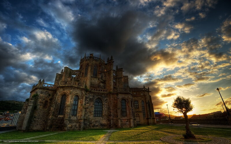 Cathedral at sunset with dramatic sky