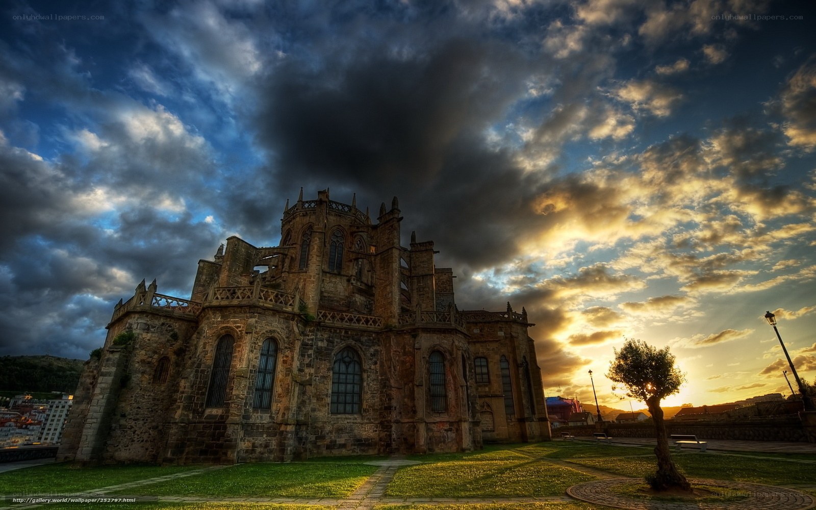 Cathedral at sunset with dramatic sky