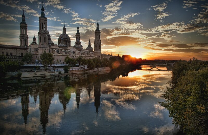 Cathedral by River at Sunset — Blue, Serene