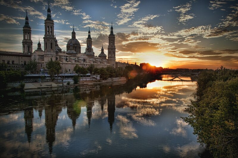 Cathedral by River at Sunset
