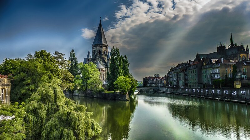 Cathedral by River — Green, Dramatic