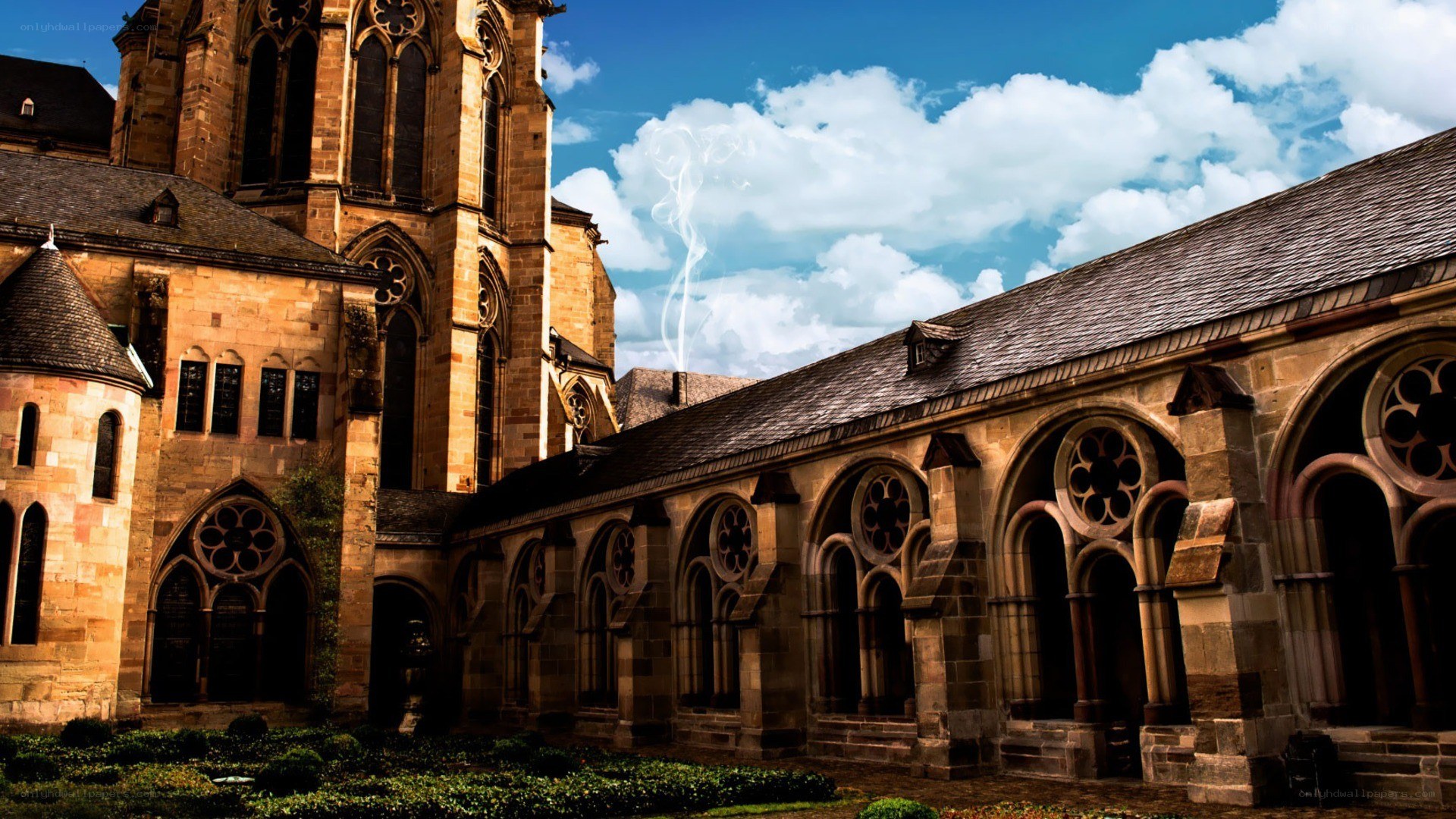 Cathedral courtyard with smoke