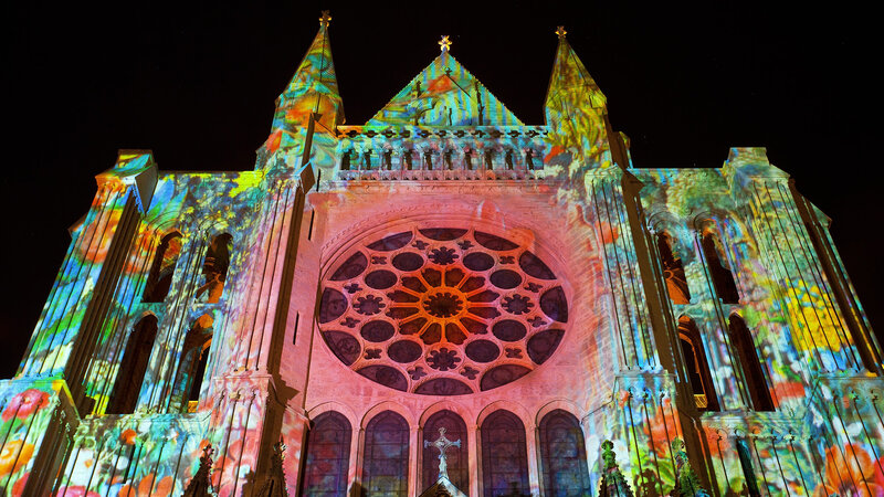 Cathedral Facade at Night — Red