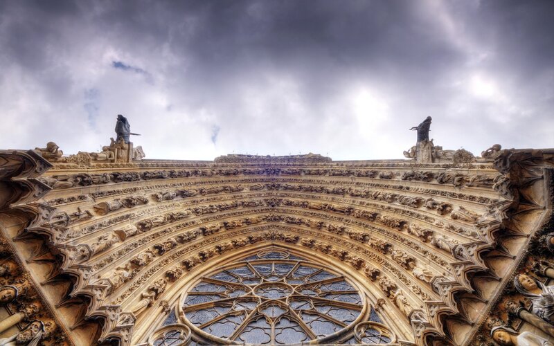 Cathedral Facade with Rose Window — Gray, Dramatic
