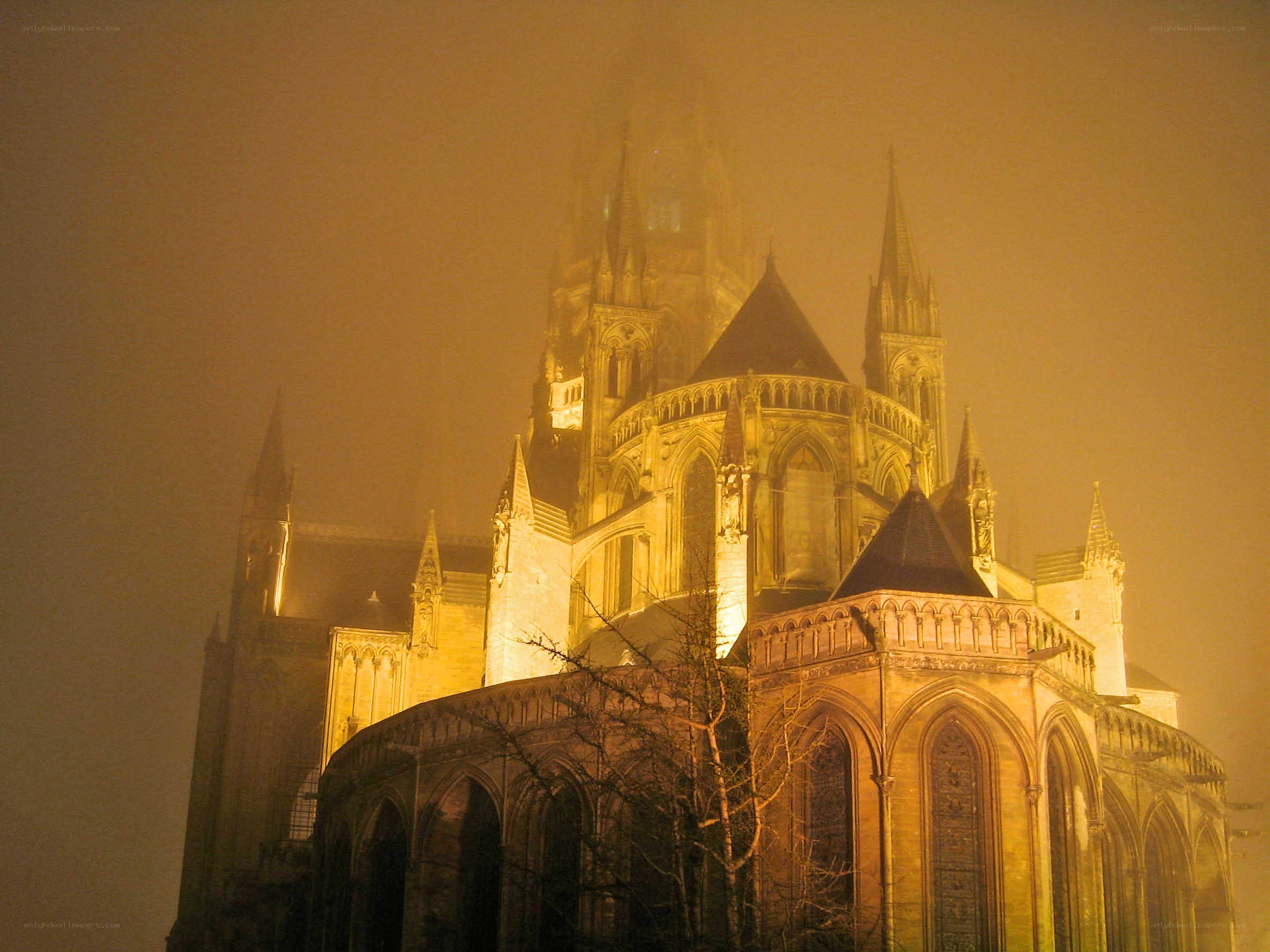 Cathedral in fog at night