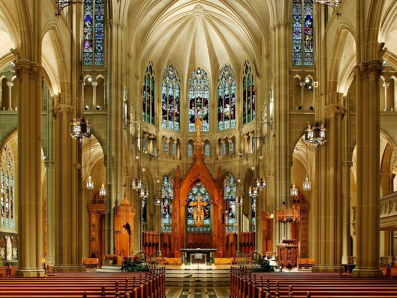 Cathedral Interior — Beige, Serene, Photograph, Stained Glass, Pews, Altar, Columns