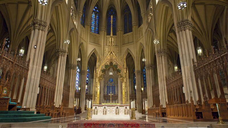 Cathedral Interior — Beige, Serene, Photograph, Stained Glass, Pews, Altar