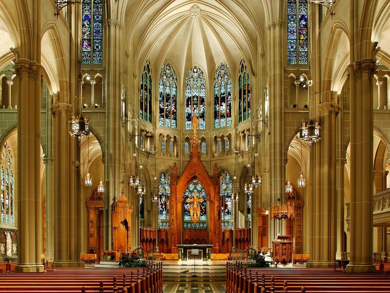 Cathedral Interior — Beige, Serene, Photograph, Stained Glass, Pews, Columns