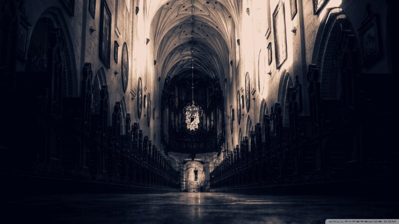 Cathedral Interior — Black, Dramatic, Photograph, Pews, Organ