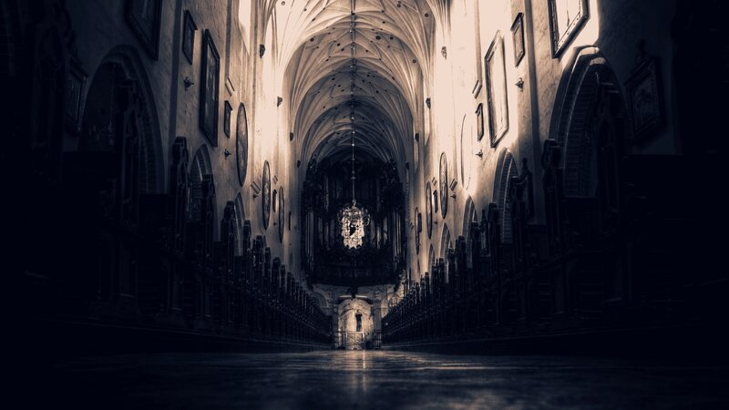 Cathedral Interior — Black, Dramatic, Photograph, Pews, Organ, Vaulted Ceiling