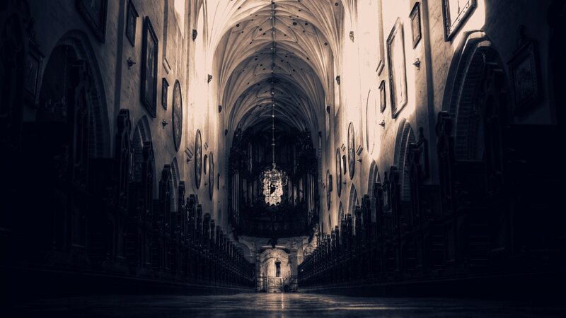 Cathedral Interior — Black, Dramatic, Photograph, Pews