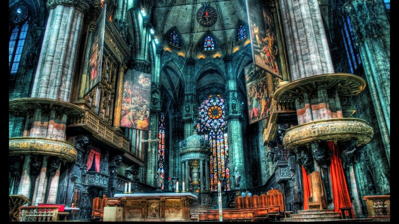 Cathedral Interior — Blue, Dramatic, Photograph, Stained Glass, Pulpit