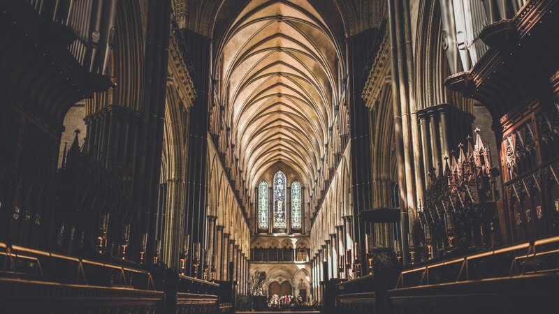 Cathedral Interior — Brown, Dramatic, Photograph, Stained Glass, Pews