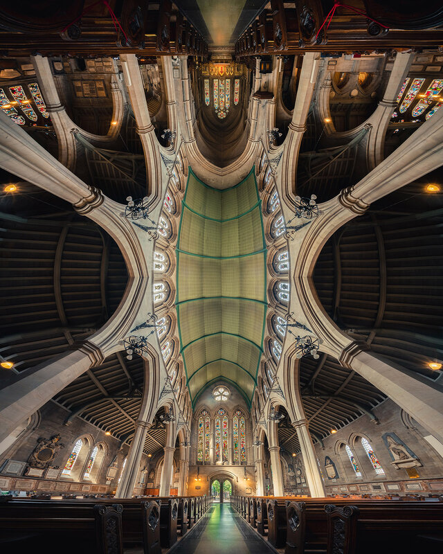 Cathedral Interior — Brown, Serene, Photograph, Stained Glass, Pews