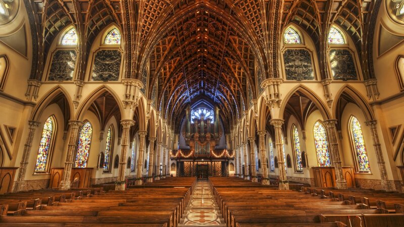 Cathedral Interior — Brown, Serene, Photograph, Stained Glass
